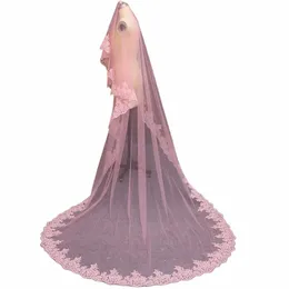 Imagens reais Uma camada de renda borda capa rosto rosa tule véu de casamento sem pente Lg véu de noiva acessórios de casamento l91z #