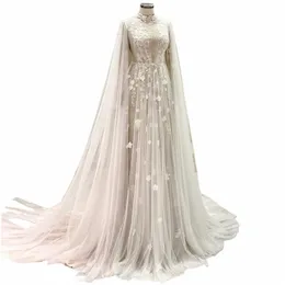 Abito da sposa musulmano Boho Cover Back Lg Wedding Dres per le donne Applique in pizzo A-Line Tulle Sweep Train vestido de novia v4HQ #