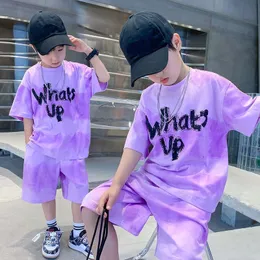 2023 Boy Summer Quick Dry Suit Children Streetwear Whats Up Short Sleeve Tshirt Shorts Two Piece Sports Set Loose Outfits 240318