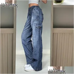 Women'S Jeans Womens Waatfaak Harajuku Pockets Work Cargo Y2K Dark Blue High Waist Streetwear 90S Baggy Women Pants Straight Leg Drop Dh6X1