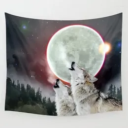 Tapestries Wolves Howling Moon Eclipse Wolf Tapestry Wall Hanging Hippie Rugs Home Living Room Dorm Decoration Blanket