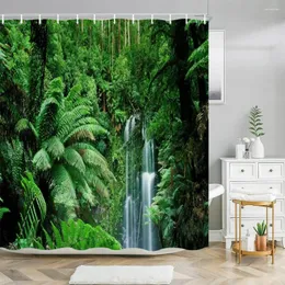 Tende da doccia Foresta esterna Cascata Scenario Tenda Verde tropicale Tessuto in poliestere Decorazione lavabile per il bagno