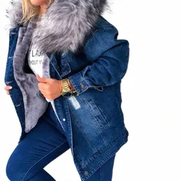 women Winter Warm Fluffy Collar Hooded Denim Jacket Thick Plush Lined Warm Lg Sleeve Jean Coat Butt Down Oversized Loose Out K0Yi#
