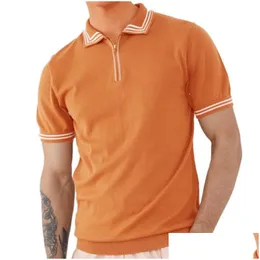 남성용 폴로 맨스 오렌지 셔츠 비즈니스 남성 턴 다운 셔츠 여름 줄무늬 슬림 탑 플로버 남자 캐주얼 버튼 디자인 짧은 슬리브 d dhft0