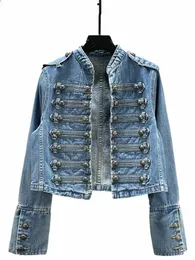 Luxo Double Breasted Butt Decors Denim Casaco Lg Manga Patchwork Outwears Jeans Jaquetas Vintage Cardigan Streetwear Abrigos V4SJ #