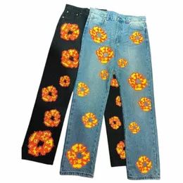 flame Kapok Printed Denim Pants Man Woman Blue Wed Retro Straight Jeans Hip Hop Street Spring Unisex Loose Cargo Trousers New f2j8#