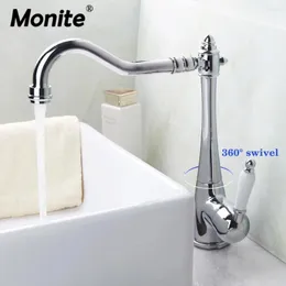 Rubinetti per lavandino del bagno Monite Miscelatore da cucina girevole cromato lucido Rubinetto in ottone massiccio Maniglia in ceramica Supporto per acqua da banco