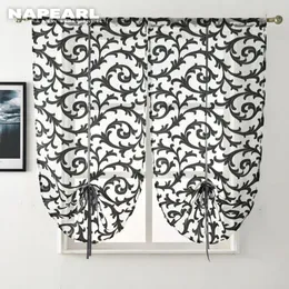 Cortina de cozinha curta moderna tratamento de janela amarrar balão têxtil para casa painel transparente tule branco preto jacquard 240322