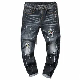 Elastik Marka Erkekler Denim Jeans Hole Rem Street Fi Fi Yaması Modeli İnce Fit Serin Günlük Yeni Varış Hip Hop Pantolon 36ri#