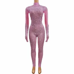 Sexig glittrande rosa rhineste jumpsuit med handskar kvinnor födelsedag firar prestationsdräkt sångare show photoshoot jumpsuit f0tu#