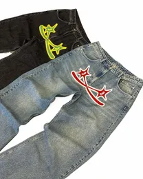 Koru y2k yeni hip hop çapraz yıldız basılı kot pantolon gotik retro baggy mavi siyah erkekler denim pantolon punk düz pantolon sokak kıyafetleri n2j4#