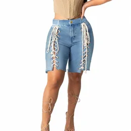 Y2K Plus Size Seksowne Blue Hollow Out Denim Bermudas 4xl Summer Women Ripped Tassel Krótkie dżinsy koronkowe Bandage Darmowe Shorts 71nu##