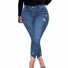 women's Plus Size Solid Ripped Raw Trim High Rise Medium Stretch Skinny Sexy Jean W8Lw#