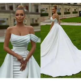 Impressionante Árabe ASO EBI Dubai Branco Marfim Vestidos de Noiva Sexy Sereia Alças Sem Encosto Lantejoulas Beads Plissados Babados Longos Vestidos de Noiva Robes BC