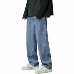 Männer Straight-Legged Jeans Herren Wide Leg Denim-Hosen Hip-Hop-Stil Freizeithose mit Taschen Classic Straight für den Frühling e7eH #
