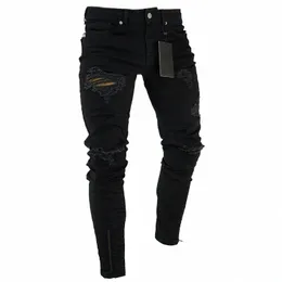 Черные эластичные джинсы скинни с застежкой-молнией для мужчин, рваные до колена, байкерские джинсы с дырками, брюки в стиле хип-хоп, уличный большой размер XXXL P5VM #