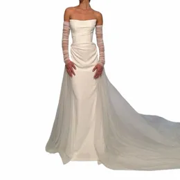 Toofg Mermaid Satin Satin Bride Wedding Wedding Dres Tulle Skirt Disponeble LG maniche da sposa abiti da sposa per feste da donna festa formale J4wy#