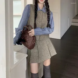 Zweiteiliges Kleid im Vintage-College-Stil für Damen, 3-teiliges Outfit, langärmlig, gestreiftes Hemd, Tweed, einreihig, Weste, Mantel, hohe Taille, Faltenrock