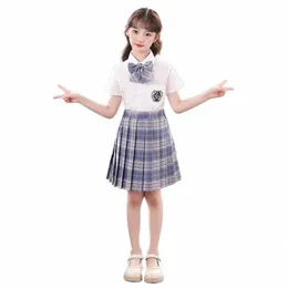 Summer White School Girl Mundurs Korean Preppy Style Pleted Spódnica JK Set School Spódnice dla nastolatków Krótki kostium szkołowy W9WF#