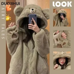 Home Clothing DUOJIHUI Hooded Winter Flannel Lovely Loose Female Pajamas Set Simple Casual Fashion Print Thick Warm Soft For Women