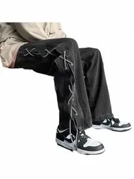 foufurieux American Jeans Men Ripped Straps Hip Hop Denim Pants Male Loose Casual Retro Straight Leg Trousers Spring/fall 2023 J1Hc#