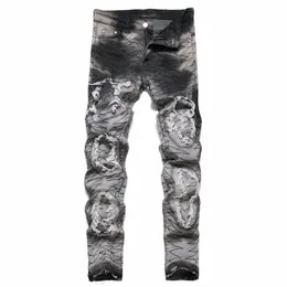 2024 Мужские джинсы в стиле панк с рваными аппликациями, маленькие штаны со средней талией, тонкие повседневные брюки в стиле хип-хоп, J9uF #