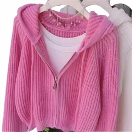 cardigan lavorato a maglia con cappuccio rosa per l'autunno da donna nuovo design ampio ed elegante a righe maglione corto con cerniera giacca soprabito bianco e4qd #