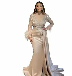 szampan elegancki wieczorny dres lśniący koralika koralika koronka Princik Sexy V-Neck Mermaid LG Sleeve Suknie z de R8t4#