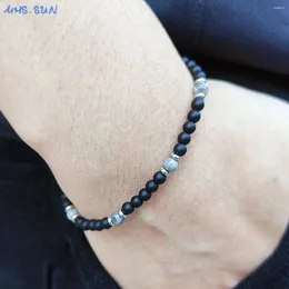 Strand MHS.SUN Fascino Mappa grigia Pietra 4MM Perline nere naturali Bracciale in acciaio inossidabile Energia curativa Elastico per uomo Donna Gioielli