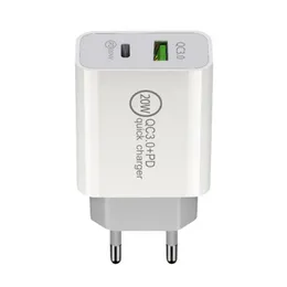 Adaptador de viagem Carregador de parede 20W PD 3.0 USB C para C Adaptador de tomada de alimentação rápida para iPhone Samsung Huawei Xiaomi US EU Plug Cor branca 100 unidades / caixa