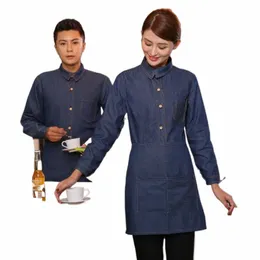 FI Waiter Autumn/Winter Work Clothing Baky Bakery Waitr LG Sleeve Denim Shirt+Apr Set Western Restaurant Uniform N4OQ#