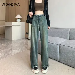 Women's Jeans ZOENOVA Spring Autumn Streets Casual Fashion Women Multiple Pockets Wide Leg Pants Waist Slim Small Straight Trousers