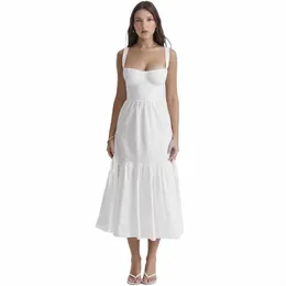 Mingmingxi Högkvalitativ kvinnors sommar Dr 2023 Linen-Cott Blend Jacquard Dr Elegant Sexig Slip White Vacati Dr Midi I2UN#