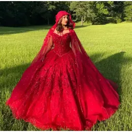 Red Quinceanera klänningar med kappa Wrap Cape Flowers Sweetheart Lace Up Corset Princess Dress Vestidos BC