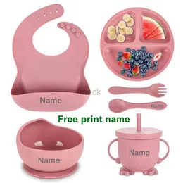 Tazze Piatti Utensili Nome personalizzato Set per l'alimentazione del bambino Ventosa in silicone Piatto Piatti Cucchiaio Forchetta Bavaglino Stoviglie per bambini Ciotole 6 pezzi / set 240329