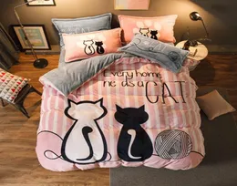 Conjunto de cama de luxo flanela dos desenhos animados rosa gato capa edredão conjunto rainha tamanho roupa cama dos namorados bonito folha crianças t2007063347073