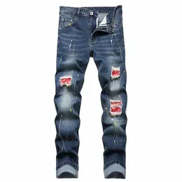 fi New Style High Street Men Ripped Jeans Mid Waist Paint Print Blue Straight-leg Slim Stretch Denim Pants Brand Mnes Jeans q8fK#