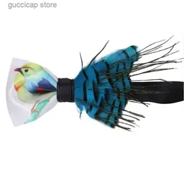 Bow Ties New Blue Feather Bow Tie Fashion Personlighet British Mens smycken Bar Party Business Banquet Wedding Accessories Gift For Men Y240329