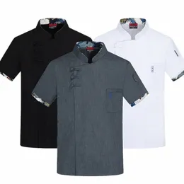 Uniforme da cuoco a maniche corte da uomo e da donna, camicia da cameriere in lino elasticizzato da cucina, giacca da cuoco 444r #