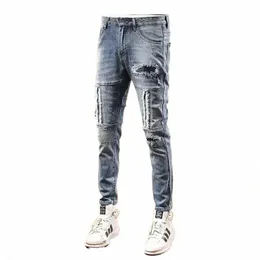 Men Style uliczny jasnoniebieskie dżinsy modne elastyczne patchwork Slim Fit Małe spodnie nóg Casual Cott Materials I8kh#