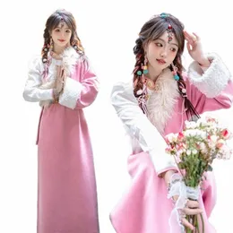 новый тибетский халат, одежда для женщин, фото, поездка, съемка, розовый меховой воротник, этнический стиль, Dr 86rl #