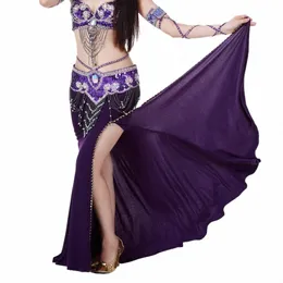 Kvinnor Belly Dance Kjol LG Kjol Solid Color Oriental Dance High Cut India Bollywood Unilateral Split Belly Dance 35ZU#