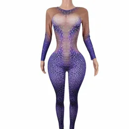 Stretch apertado macacões para mulheres roxo pele de cobra padrão rhineste bodysuits cosplay trajes boate showgirl wear zishe p1pK #