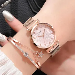 Zegarek na ręce Bransoletki Zestaw Kwarcowe zegarki dla kobiet Rose Gold Magnetyczne zegarek damski na nadgarstek zegar zegar Zegar Zegar Feminino 24329