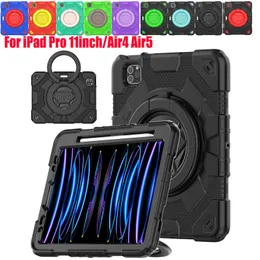 For iPad Pro 11 Air5 10.9 inch Air4 Case Handle Grip 360 Rotating Kickstand Shockproof Silicone Protective Cover Kids Safe iPad Cases + Shoulder Straps Screen + PET Film