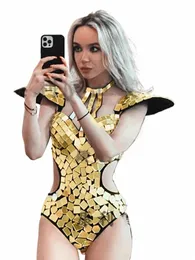 burning man Festival Woman Sexy Bikini Mirror Bodysuit Dance Costume Gold Sier Sequins Fly Shoulder Hollow Out Rave U9dD#