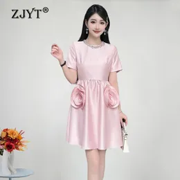 ZJYT Runway Sommer Perlen 3D Blumen Kleider für Frauen Elegante Kurzarm Party Kleid Rosa Blau Casual Vestidos Weibliche 240329