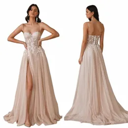 Sexy High Split Schatz Applikationen Spaghetti-Trägern A-Linie Hochzeit Dr 2023 Netting Birdal Kleid Spitze Sweep Hintern Vestidos 67R1 #