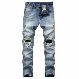 Frühlingsmänner zerrissene dünne Jeans einzigartige Bein Ong Reißverschluss Stretch Distred Denim-Hosen männliche beiläufige gerade Cowboys-Hosen i1RF #