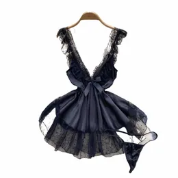 Romantik Kadın Saten Dantel Kemez Nightgown Bow Tie Flurfle İsviçre Dotlar İç çamaşırı Sweet Geri Seksi Dr 50yx#